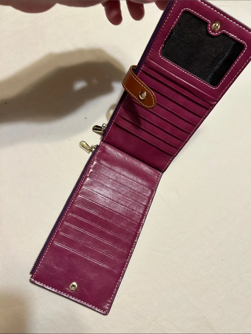 Purple Leather Zip Wallet with Brown Snap Strap